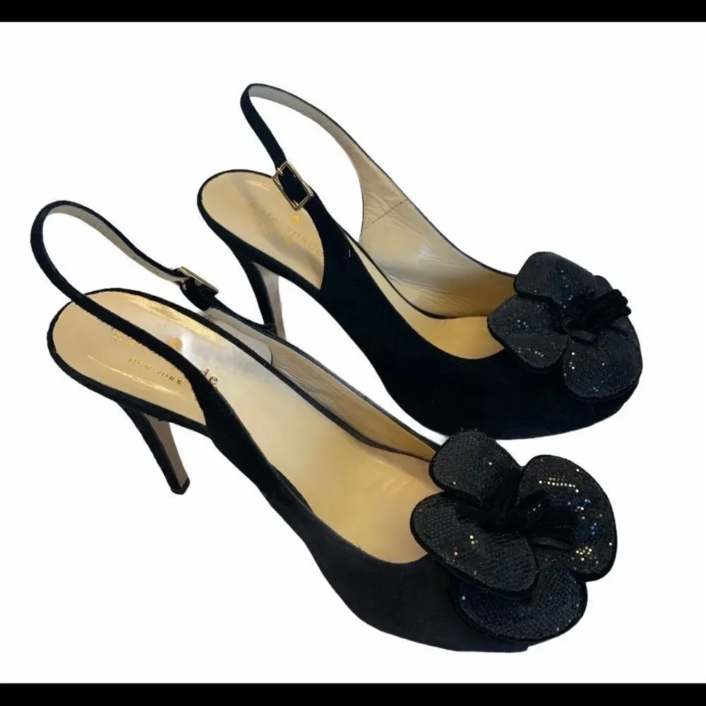 Kate Spade Gael Black Suede Slingback Platform Heels Floral Peep Toe Sz 6.5